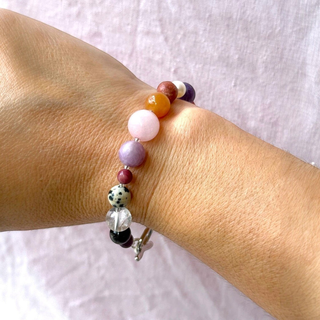 Each One Amelie Bracelet with mixed natural gemstones including Jasper, Fossil, Quartz, Jade, Garnet, Rhodochrosite, Lepidolite, Amethyst, Unakite and Freshwater Pearl.