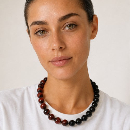 Each One Clara Necklace with red tiger eye and black obsidian beads and sterling silver clasp