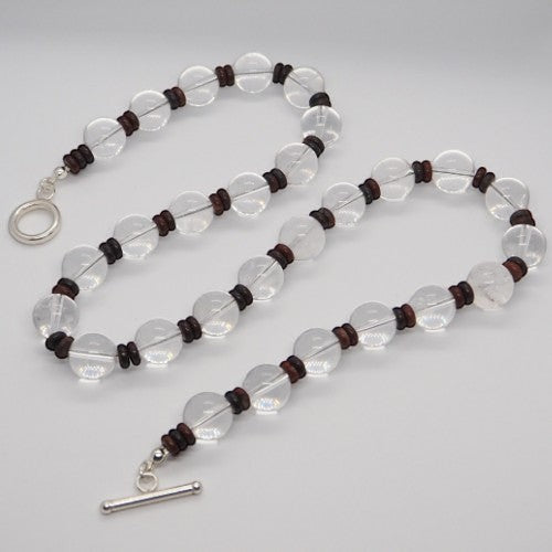 Each One necklace with clear quartz beads and dark brown spacers, sterling silver toggle clasp, approx. 50cm.