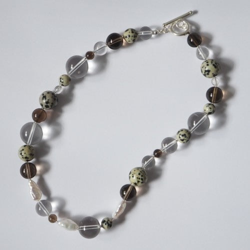 Each One Courtney Necklace with Smoky Quartz, Clear Quartz, Dalmatian Jasper and Pearls, Sterling Silver Toggle Clasp.