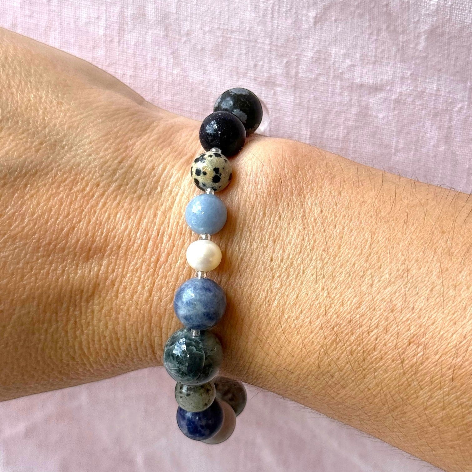 Each One Margot Bracelet with Agate, Sodalite, Obsidian, Quartz, Lepidolite, Sandstone, Hawk’s Eye, Jasper and Pearl beads.